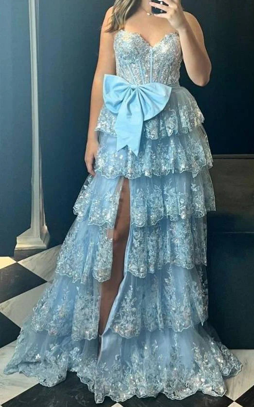 Strapless Sparkly Lace Long Prom Dress with Bow and Ruffle Skirt